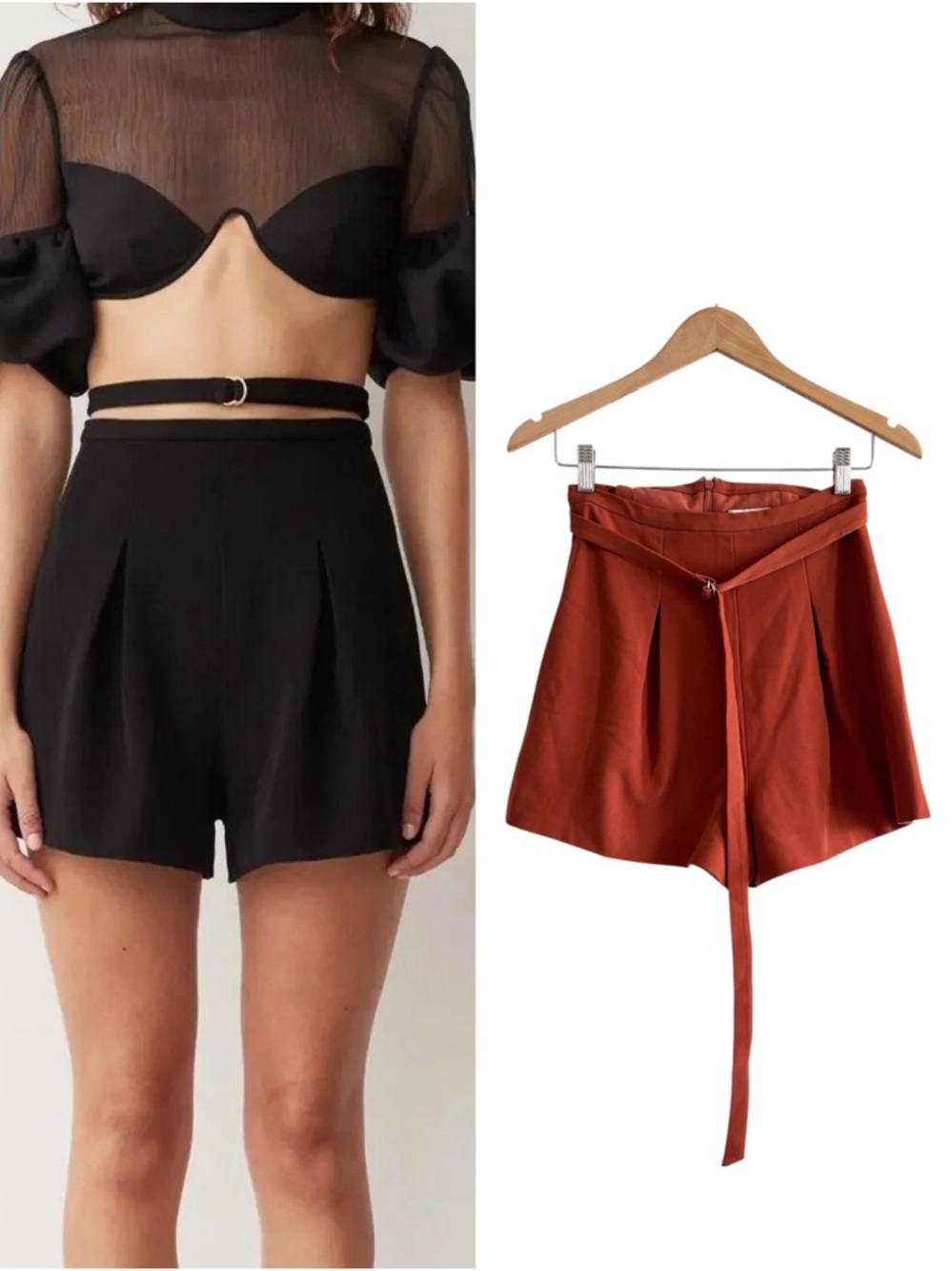 Boskemper High-Waist Belted Pleated Shorts in Rust
